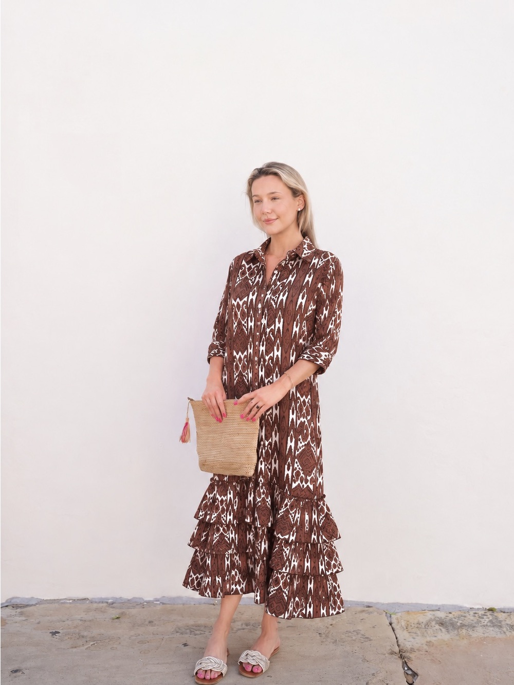 Madison Mathews Brown & Cream Ikat Tiered Maxi Shirt Dress – XS